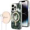 Image de GUESS, Bundel Hoesje Geschikt voor Apple iPhone 14 Pro Jungle-design en Qi MagSafe 15W draadloze oplader, Kaki