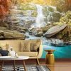 Image de Waterval in het bos, 3D behang waterval geel oranje turquoise, Vliesbehang met landschap, Fotobehang bos, 3,50 x 2,55 m, BRICOFLOR.nl