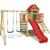 Image de WICKEY speeltoestel klimtoestel Smart Cave met schommel & rode glijbaan, outdoor klimtoren voor kinderen met zandbak, ladder & speelaccessoires voor de tuin