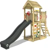 Image de Wickey JoyFlyer Speeltoestel - Glijbaan met Houten Dak en Klimwand - Zandbak & Stuur - 429x84x263 cm - Grijs