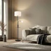 Image de Lindby - vloerlamp - 1licht - IJzer, textiel, grenenhout - H: 170 cm - E27 - zwart, crèmewit, donker hout