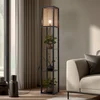 Image de Lindby - vloerlamp hout - 1licht - Hout, rotan - H: 159 cm - E27 - zwart, naturelkleurig