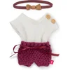 Image de ML Poppen: KLEDIJ SET bordeau/wit voor meisje 21cm, 3-delig, trui, broekje en  haarlint, met kleerhanger, 3+