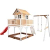 Image de AXI Liam Speelhuis in Bruin/Wit - Met Verdieping, Zandbak, Enkele Schommel en Rode Glijbaan - Speelhuisje voor de tuin / buiten - FSC hout - Speeltoestel voor kinderen
