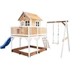 Image de AXI Liam Speelhuis in Bruin/Wit - Met Verdieping, Zandbak, Enkele Schommel en Blauwe Glijbaan - Speelhuisje voor de tuin / buiten - FSC hout - Speeltoestel voor kinderen