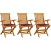 Image de vidaXL - Tuinstoelen - 3 - st - met - wijnrode - kussens - massief - teakhout