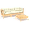 Image de vidaXL - 4-delige - Loungeset - met - crèmekleurige - kussens - grenenhout