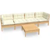 Image de vidaXL - 5-delige - Loungeset - met - crèmekleurige - kussens - massief - grenenhout