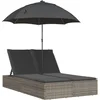 Image de vidaXL - Ligbed - 2-persoons - met - kussens - en - parasol - poly - rattan - grijs