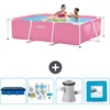 Image de Intex Rechthoekig Frame Zwembad - 220 x 150 x 60 cm - Roze - Inclusief Afdekzeil - Onderhoudspakket - Zwembadfilterpomp - Vloertegels