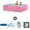 Image de Intex Rechthoekig Frame Zwembad - 220 x 150 x 60 cm - Roze - Inclusief Afdekzeil - Onderhoudspakket - Zwembadfilterpomp - Vloertegels