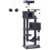 Image de FEANDREA Arbre à Chat 191 cm de Hauteur, Tour de Jeux, avec 5 Poteaux à Griffer, 2 Plateformes, 2 Niches, Un Hamac, 2 Pompons, Tissu Peluche, Multi-Niveaux, Gris Foncé PCT191G01