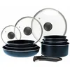 Image de Sitram 714251 Batterie de cuisine 10 pcs Aluminium bleu métal mat : manche amovible, 3 Poêles Ø20,24,28 cm, 3 Casseroles Ø16,18,20 cm, 3 Couvercles Verre Ø16,20,24 cm, tous feux dont induction