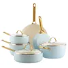 Image de GreenPan Reserve Lot de 10 ustensiles de cuisine antiadhésifs en céramique anodisée dure avec poêles, poêle à frire et casserole   Poignée dorée, sans PFAS, induction   Passe au four, bleu clair