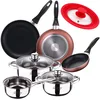 Image de 5-delige set van roestvrij staal: steelpan Ø16 x 7,5 steelpan Ø18 x 8,5 en Ø20 x 9,5 cm. + 3 pannen Ø16/20/24 cm, geperst aluminium, geschikt voor inductie + universeel deksel (16 18 20 cm