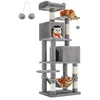 Image de Feandrea Arbre à chat 155 cm de Hauteur, Tour de Jeux, avec 5 Poteaux à Griffer, 2 Plateformes, 2 Niches, un Hamac, 2 Pompons, Tissu Peluche, Multi-niveaux, Gris Clair PCT192W01