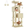 Image de Feandrea Arbre à Chat 155 cm de Hauteur, Tour de Jeux, avec 5 Poteaux à Griffer, 2 Plateformes, 2 Niches, Un Hamac, 2 Pompons, Tissu Peluche, Multi-Niveaux, Beige PCT192M01