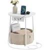 Image de VASAGLE Table d'Appoint Ronde avec Prises et Panier en Tissu | Table de Chevet, 45 x 45 x 50 cm, 2 AC et 2 USB, pour Salon, Mat Wit et Bruinen, Collection Lilea, LET228W02