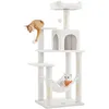 Image de Feandrea Arbre à Chat Hauteur 143 cm, Tour de Jeux pour Chats, avec 4 Poteaux à Griffer, 2 Plateformes, 1 Niche, 1 Hamac, 2 Pompons, en Tissu Peluche, Multi-niveaux, Blanc Crème PCT161T01