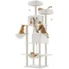 Image de Feandrea Arbre à Chat, Hauteur 206 cm, avec 13 Griffoirs, 2 Plate-forme, 2 Niches, Panier, Hamac, Pompon, Tissu Peluche, Multi-niveaux pour Chat d'Intérieur, Blanc Crème PCT190T01