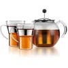 Image de Bodum K1801-16CAR ASSAM SET Théière à piston couvercle et filtre inox 1.0 l, avec 2 tasses en verre anse inox, 0.35 l